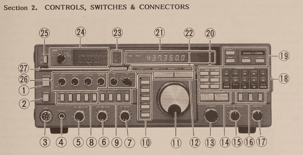 Wycinek instrukcji Yaesu FT-736R pokazujący przód radia