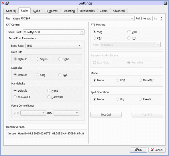 Ustawienia zakładki Radio w WSJT-X